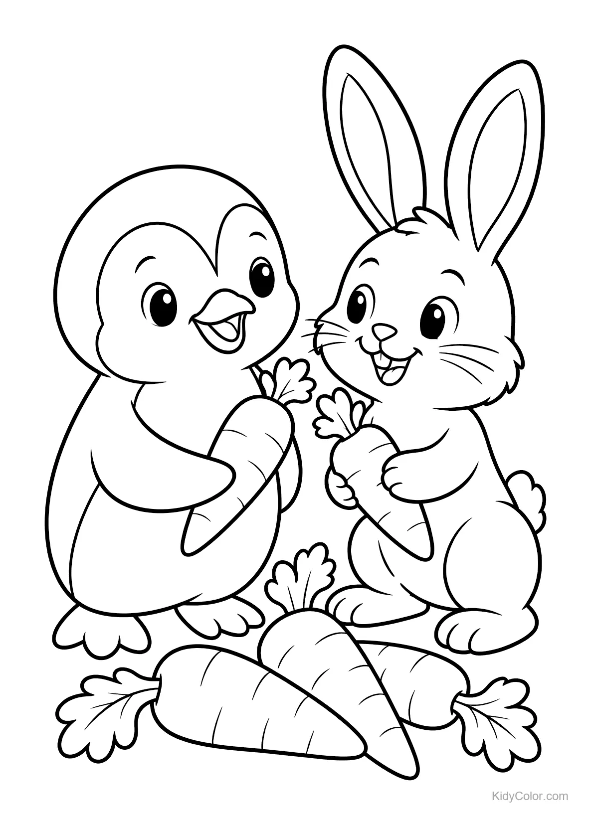 Pinguim e coelho segurando cenouras, com mais cenouras no chão.