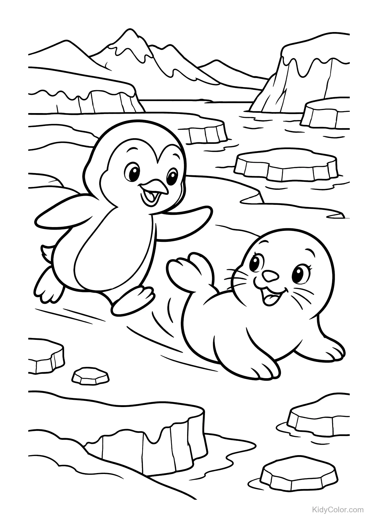 Pinguim e foca brincando de pega-pega no gelo com montanhas.