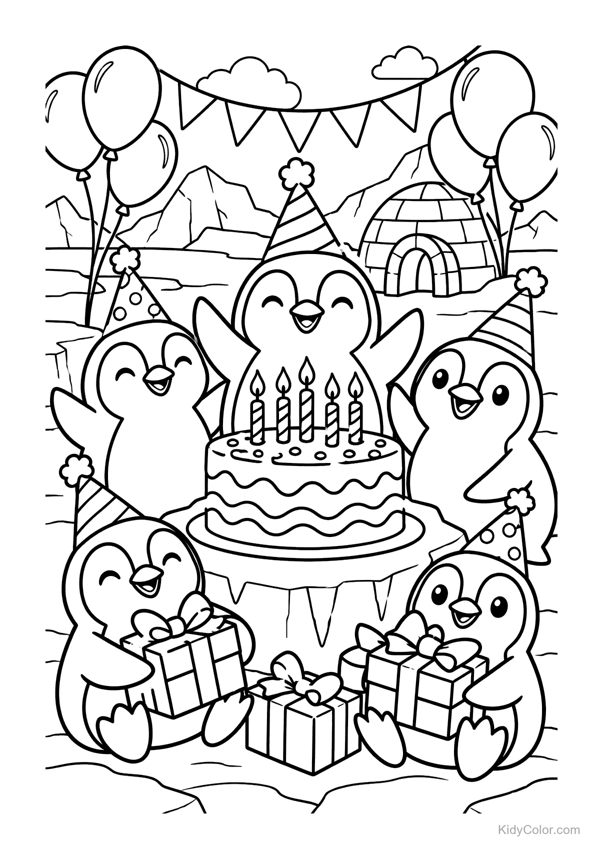 Penguins wearing party hats with balloons, gifts, and a birthday cake.
