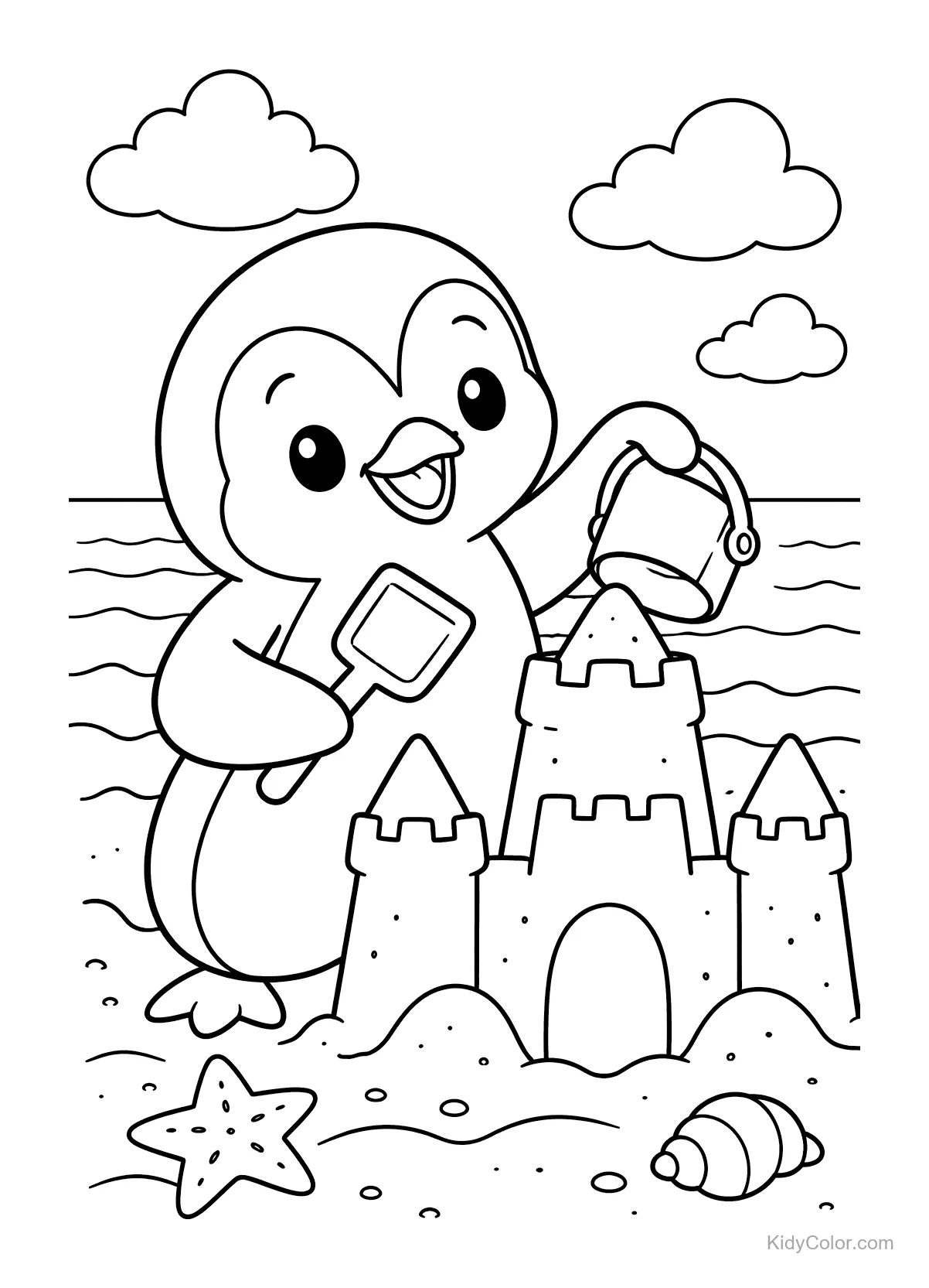 Pinguino che costruisce un castello di sabbia con secchiello e paletta sulla spiaggia.