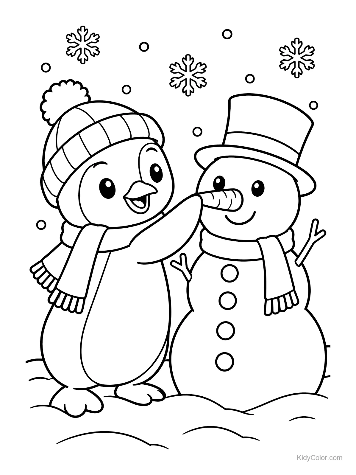 Pinguin setzt Schneemann Karottennase auf, Schnee fällt.