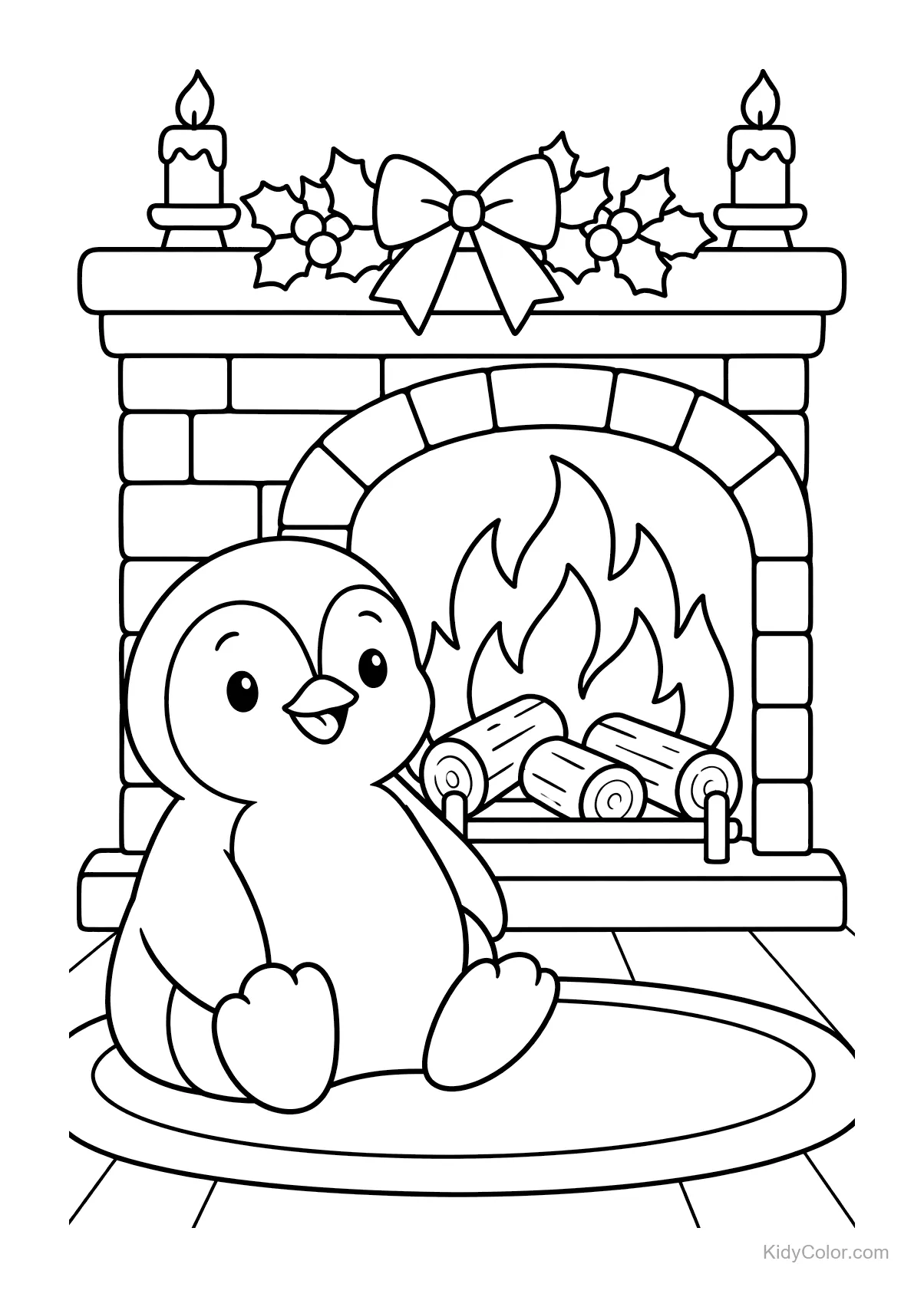 Pinguino seduto accanto a un camino con candele e legna.