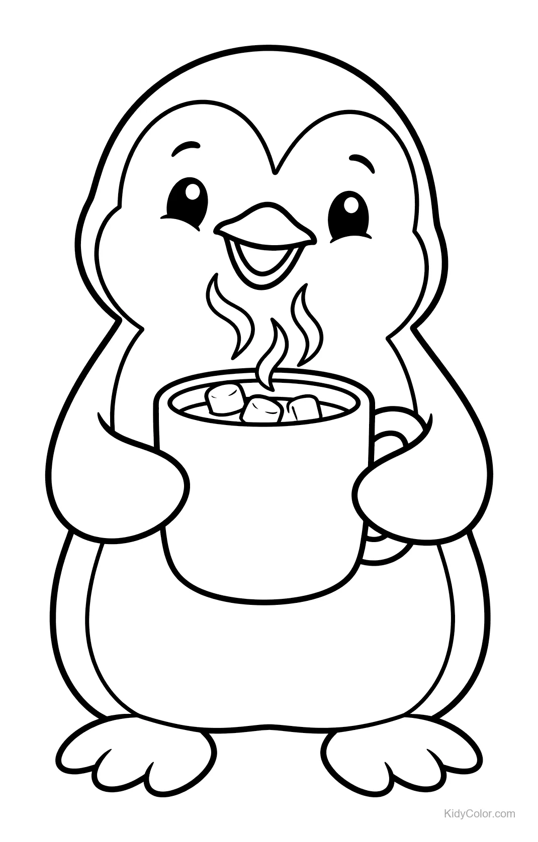 Pinguim sorrindo segurando caneca de chocolate quente com marshmallows.