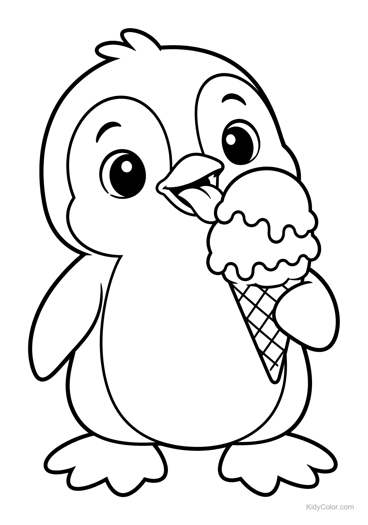 Pinguino che lecca un cono gelato in posa allegra.