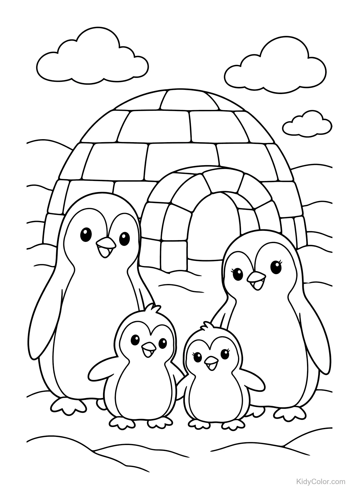 Famiglia di pinguini con igloo sullo sfondo e nuvole sopra.