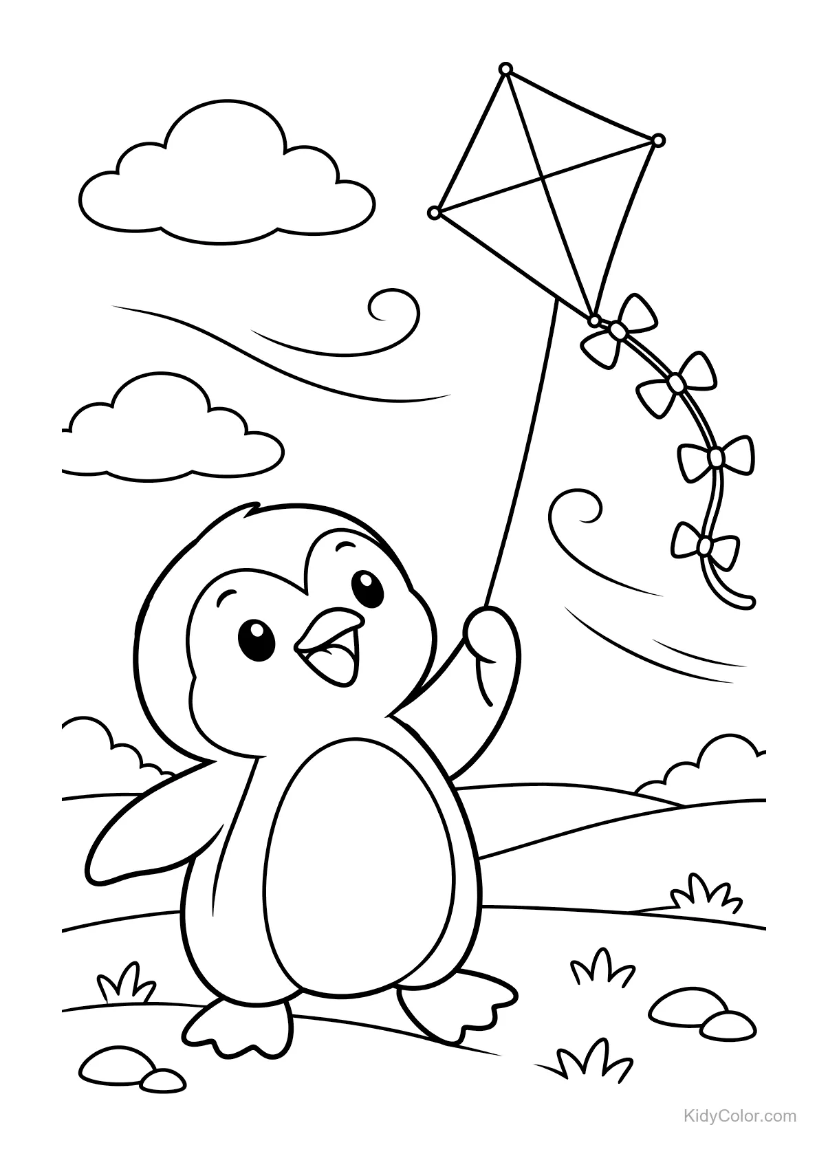 Pinguino che tiene e fa volare un aquilone con nuvole e erba intorno.
