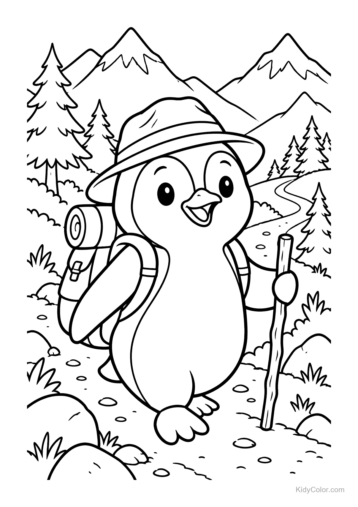 Pingüino con mochila y bastón caminando en las montañas.
