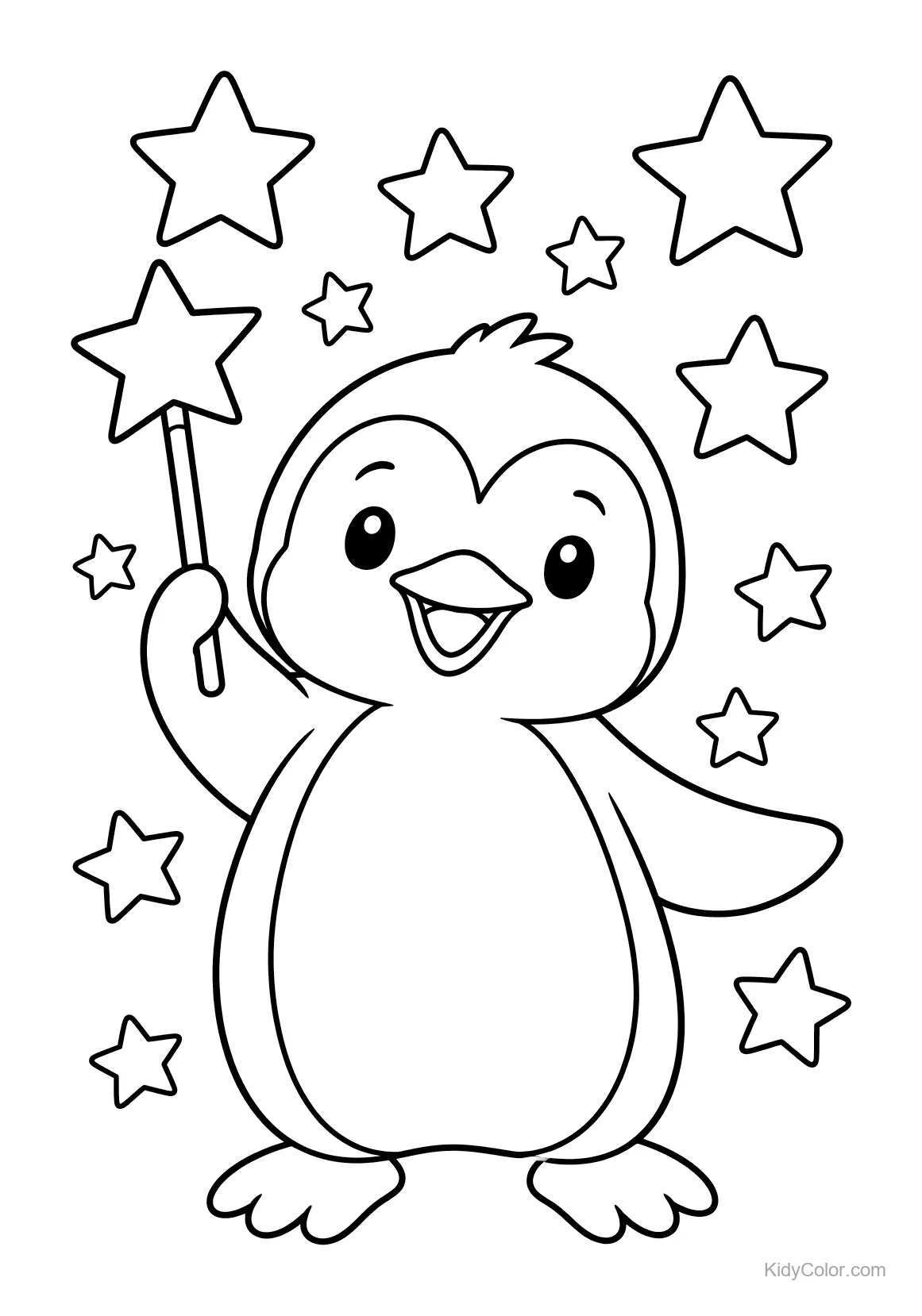 Pinguïn met een stervormige toverstok omringd door sterren.