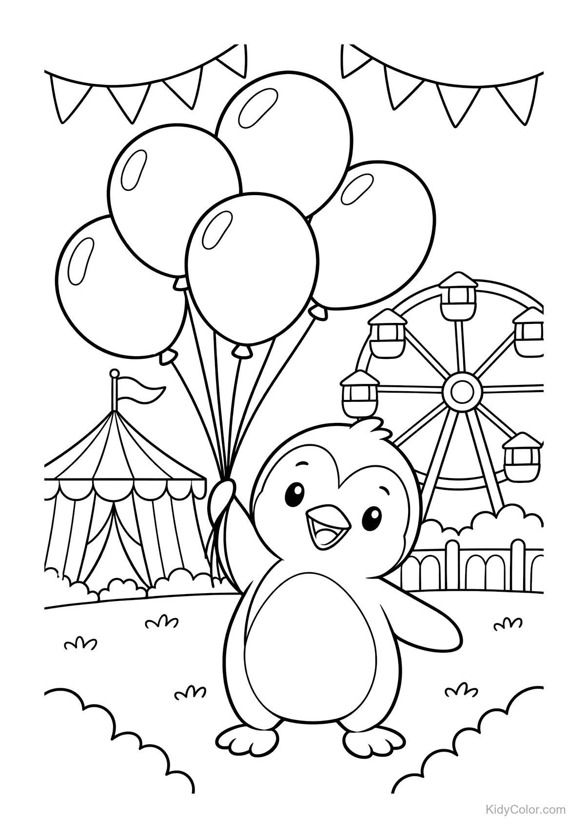 Pinguino con palloncini davanti a ruota panoramica e tenda da circo.