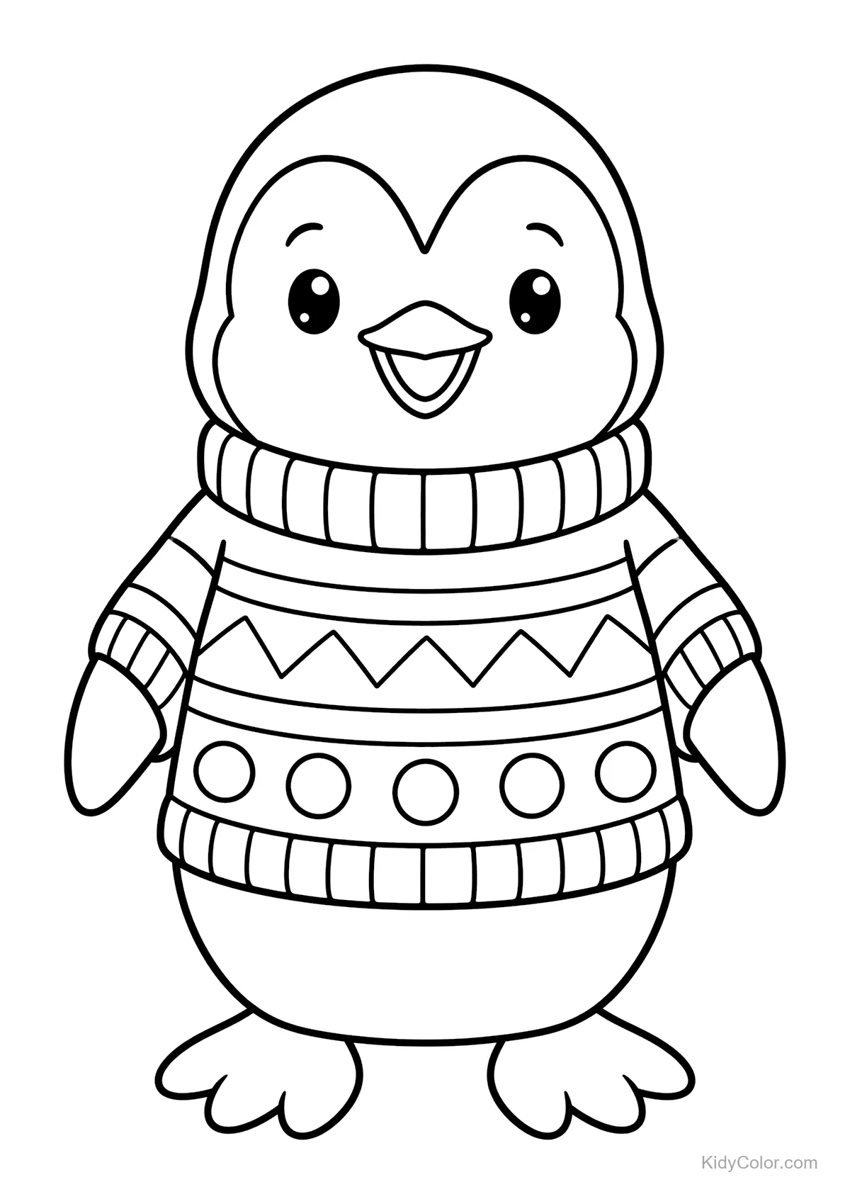 Pinguino con maglione decorato in piedi felice.