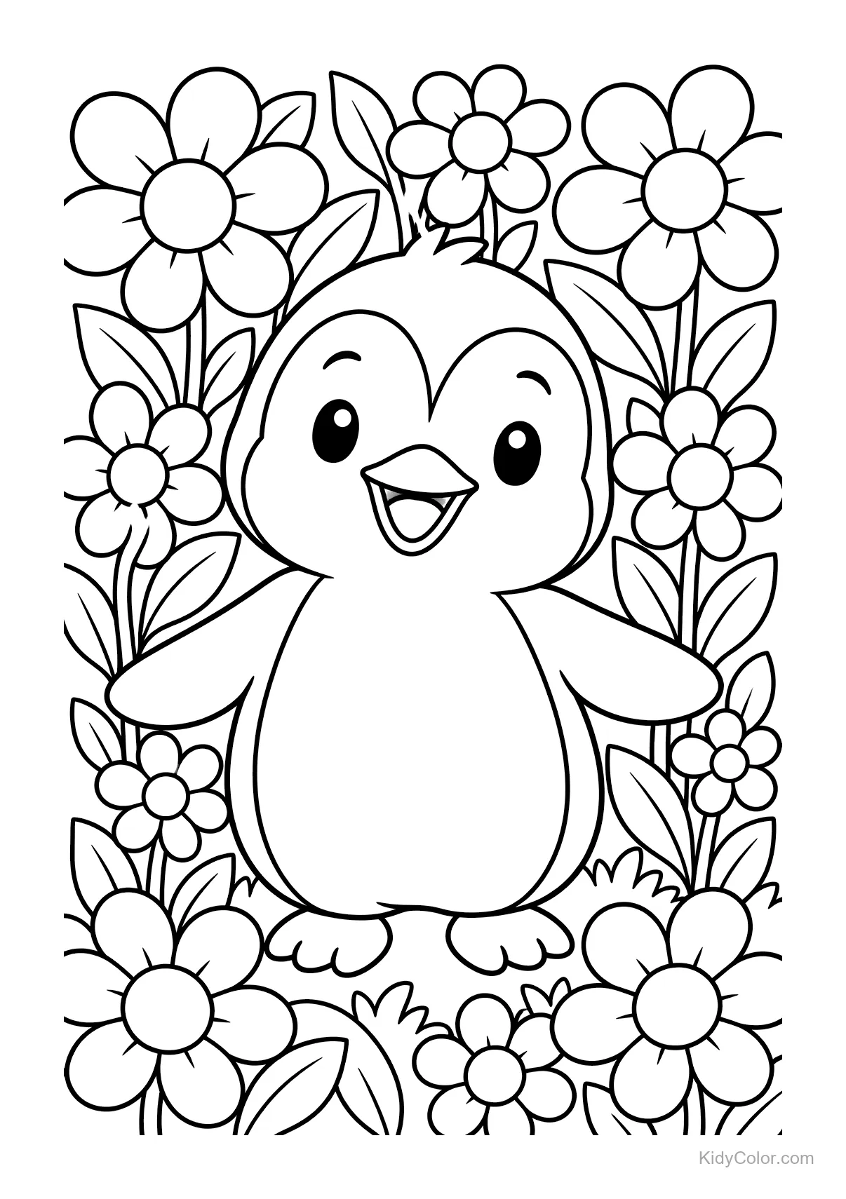 Un pingüino feliz rodeado de flores en un jardín.