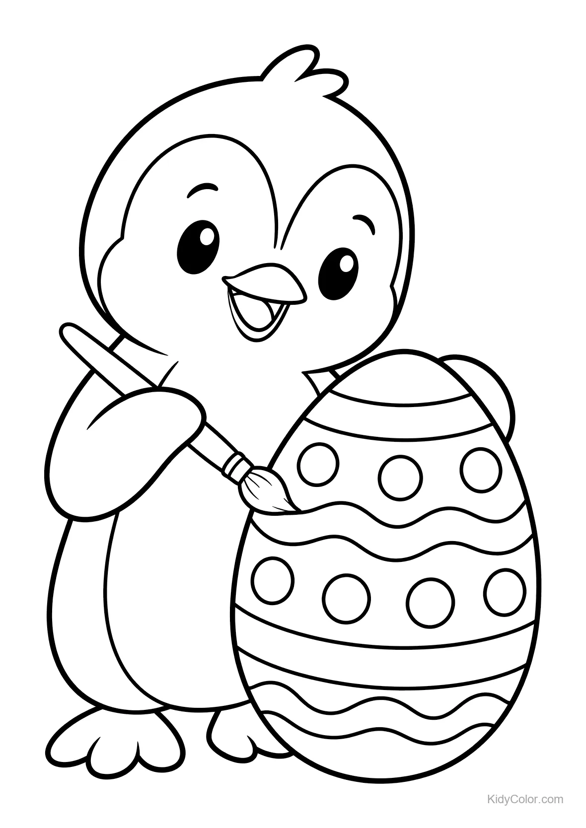 Pinguino con pennello che dipinge un uovo di Pasqua a strisce.