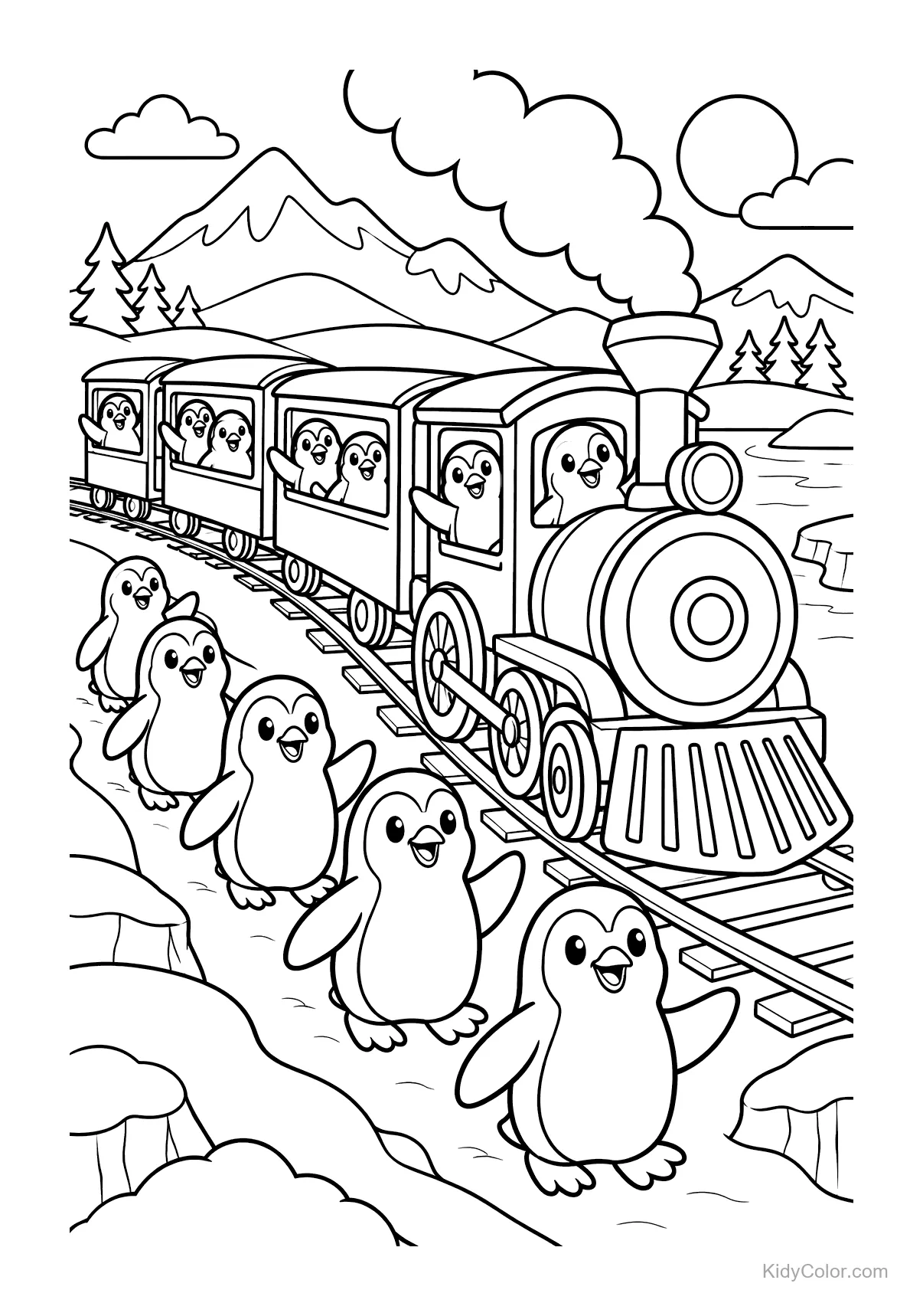 Train travels through snowy mountains with penguins parading alongside.
