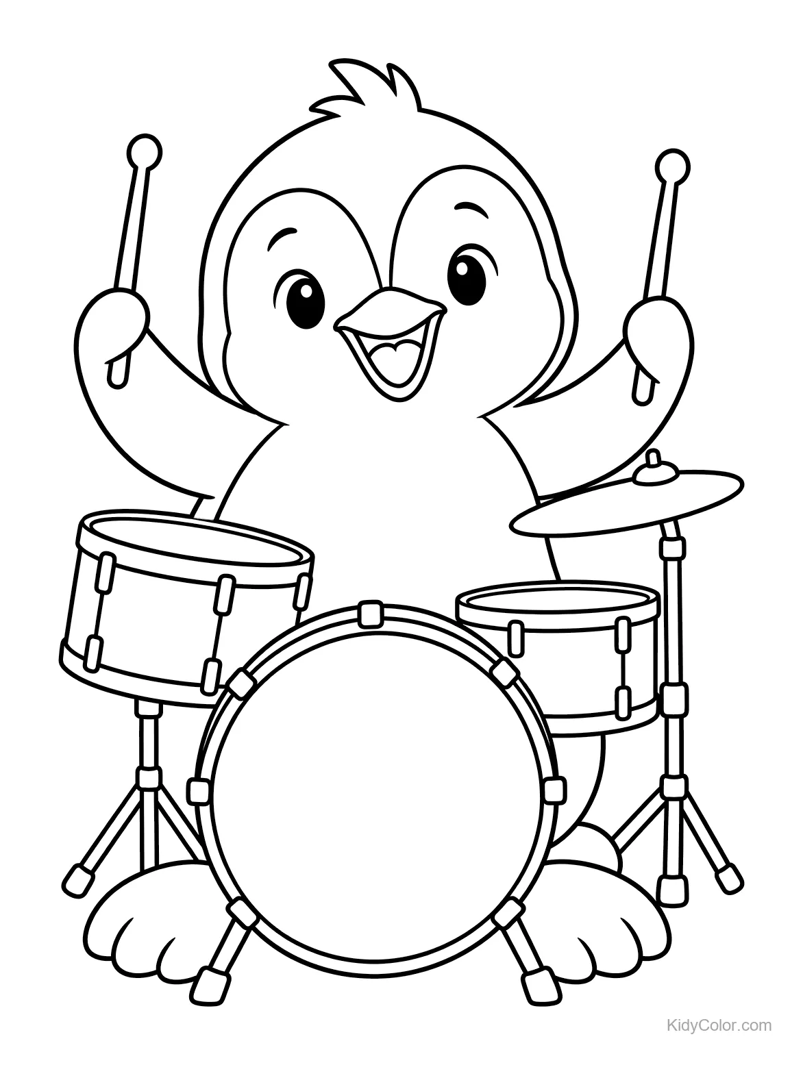 Pinguino con bacchette che suona una batteria.