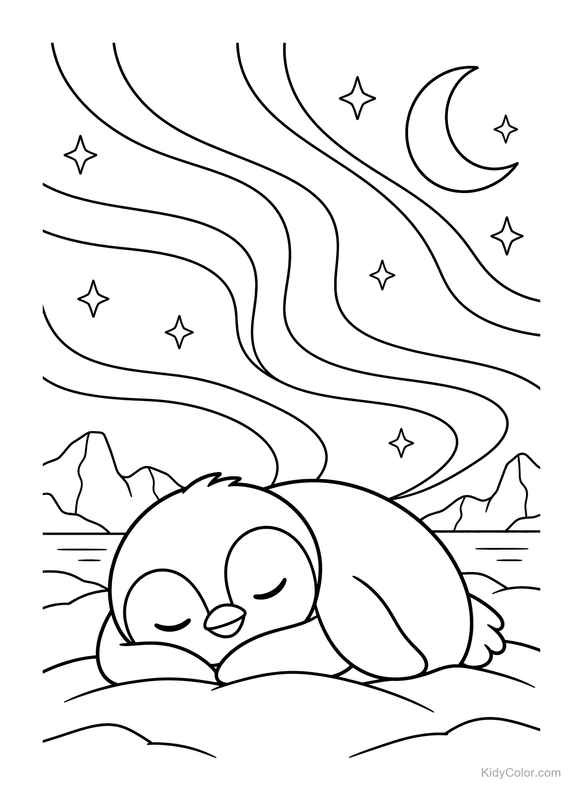 Penguin sleeping under Northern Lights with mountains and stars.