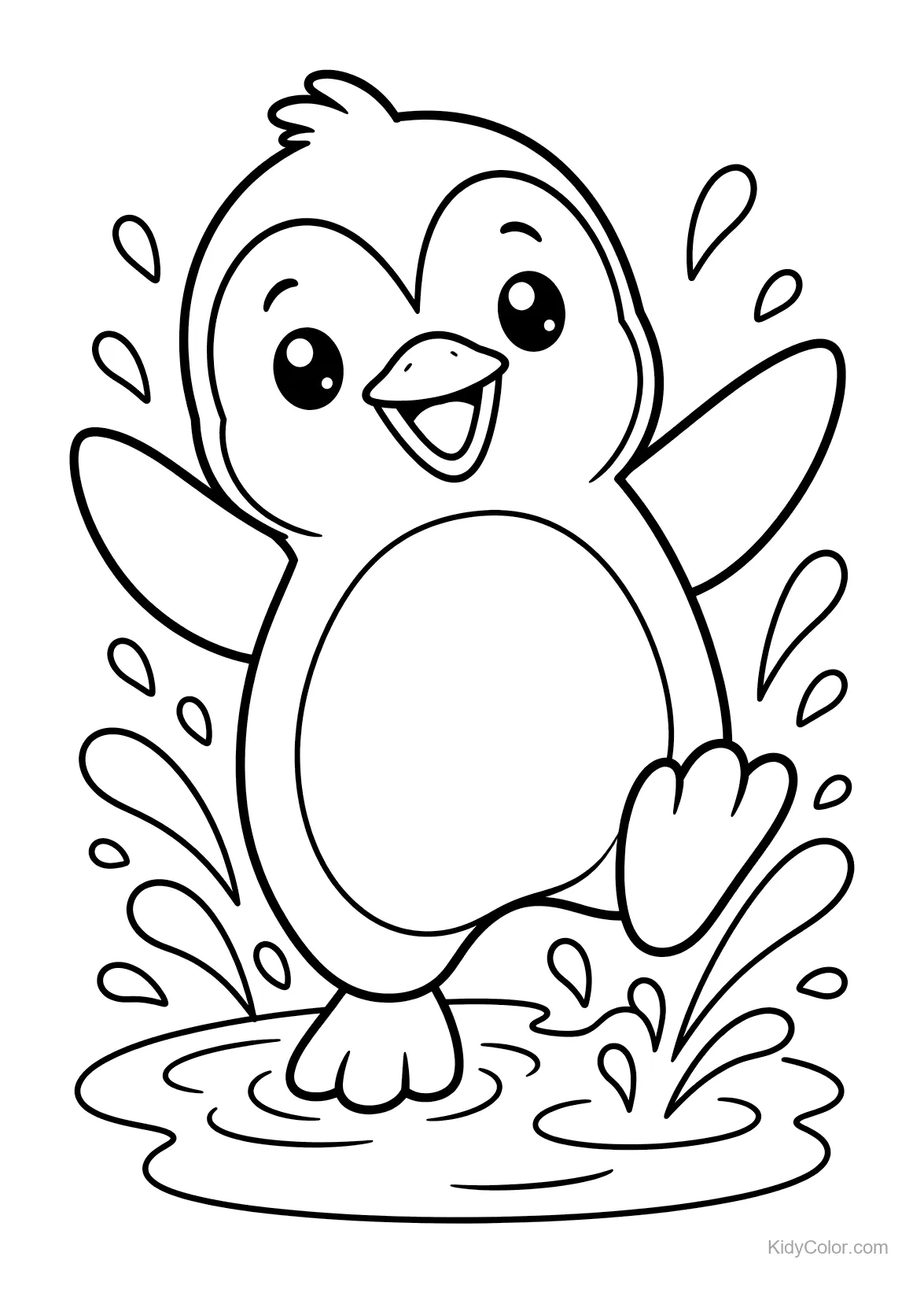 Pingouin éclaboussant joyeusement dans une flaque avec des gouttes autour.