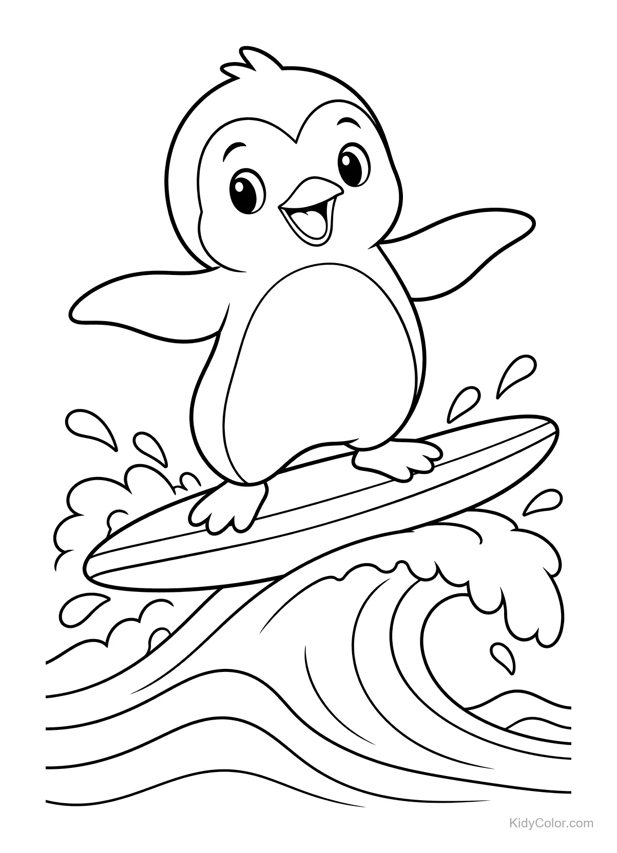 Pinguin auf einem Surfbrett reitet eine Welle.