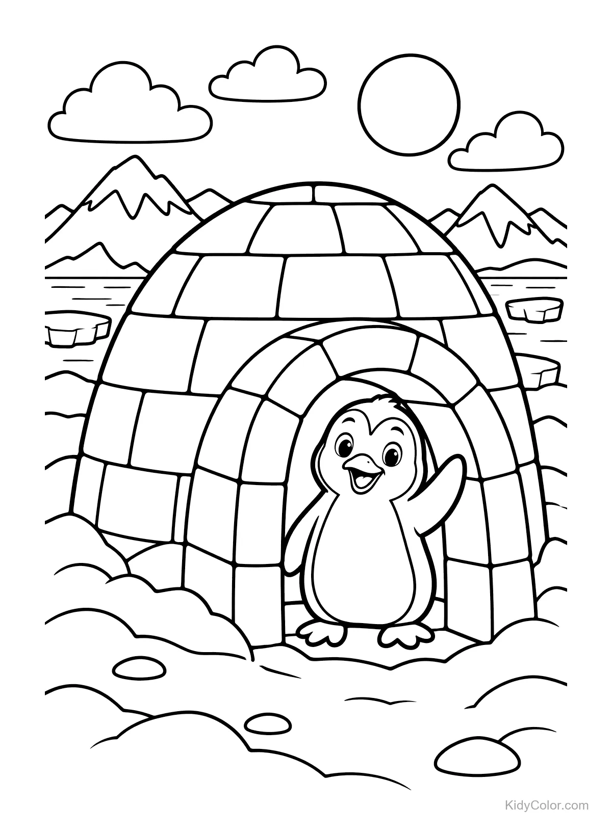 Penguin waving at the entrance of an igloo with snowy mountains in the background.