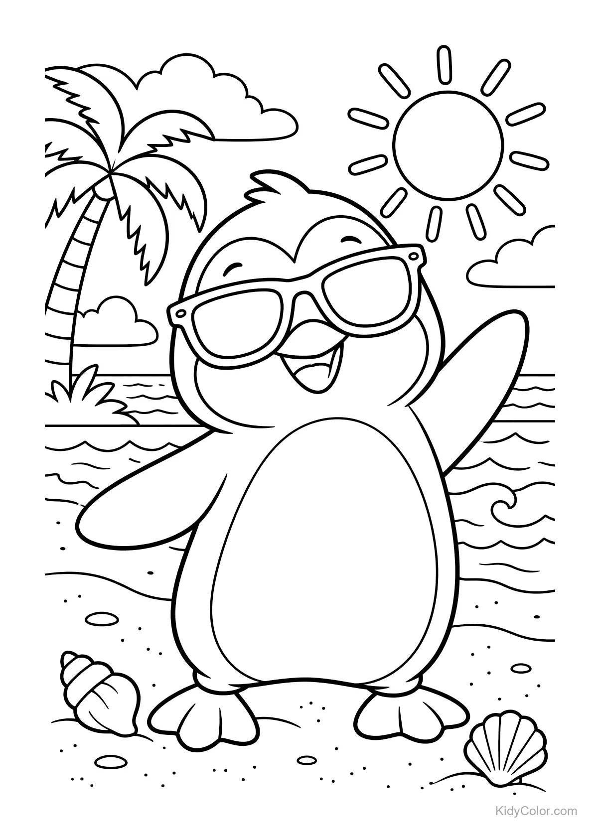 Pinguino in spiaggia con occhiali da sole, sole e palma.