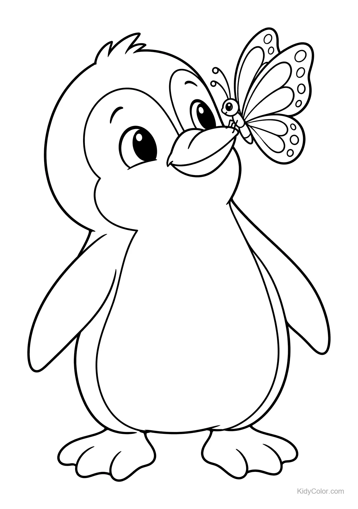 Penguin standing with a butterfly on its beak.