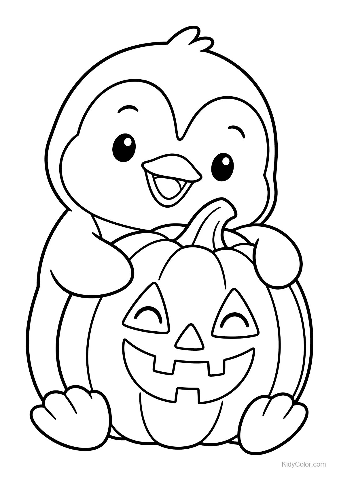 Penguin cuddling a carved Halloween pumpkin with a smile.