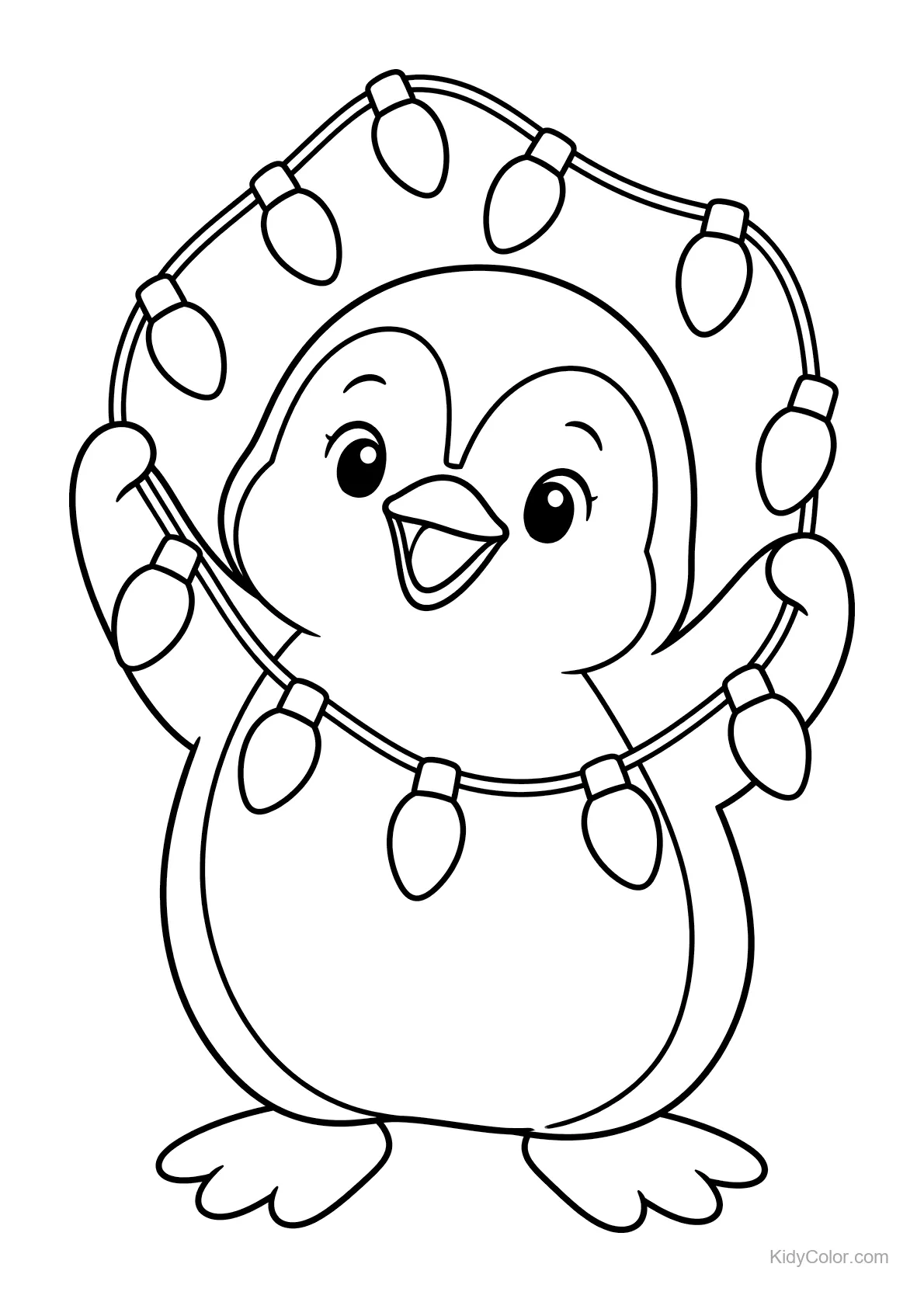 A penguin holding a string of light bulbs with both flippers.