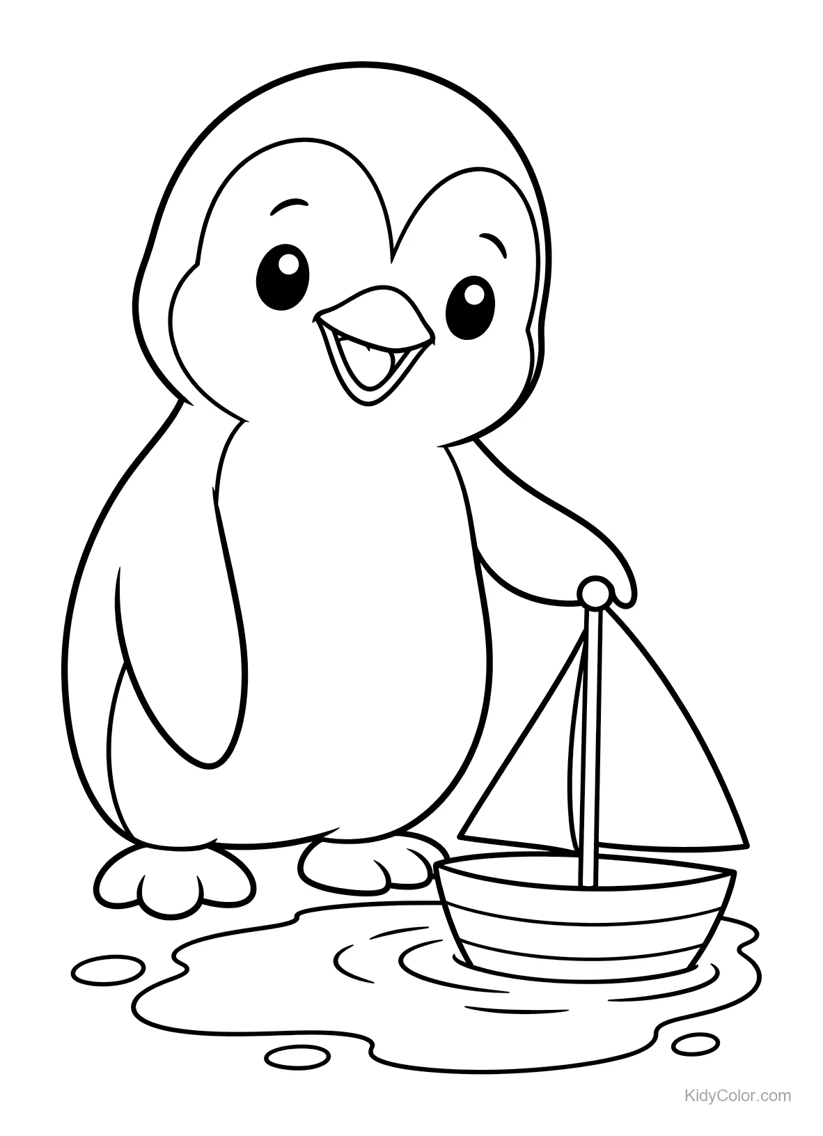 Cheerful penguin standing next to a toy sailboat on a puddle.