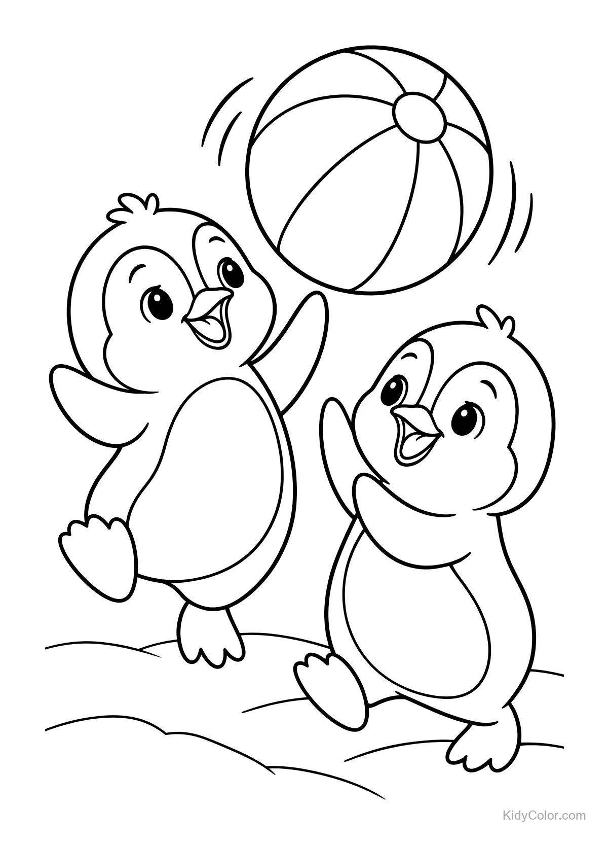 Twee pinguïns spelen met een gestreepte strandbal.