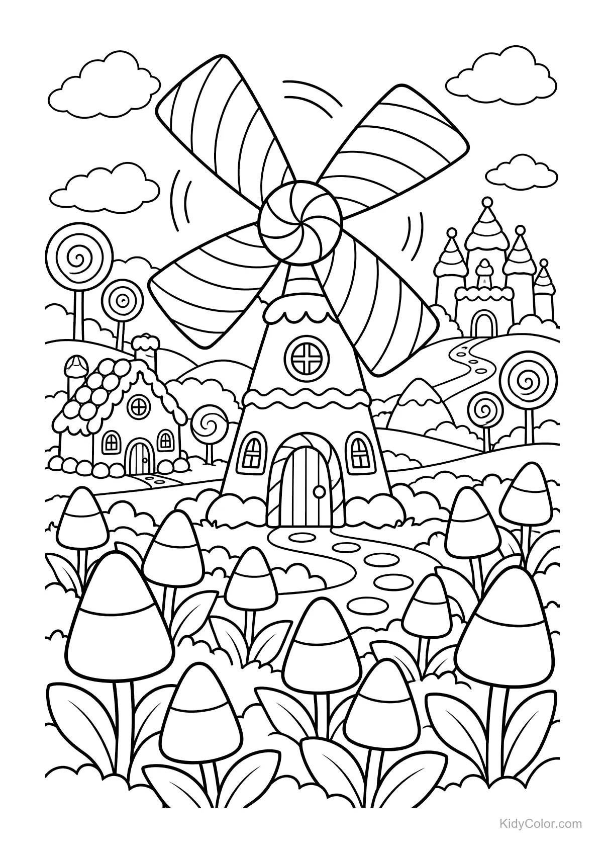 Peppermint windmill in candy corn field with lollipop trees and castle.