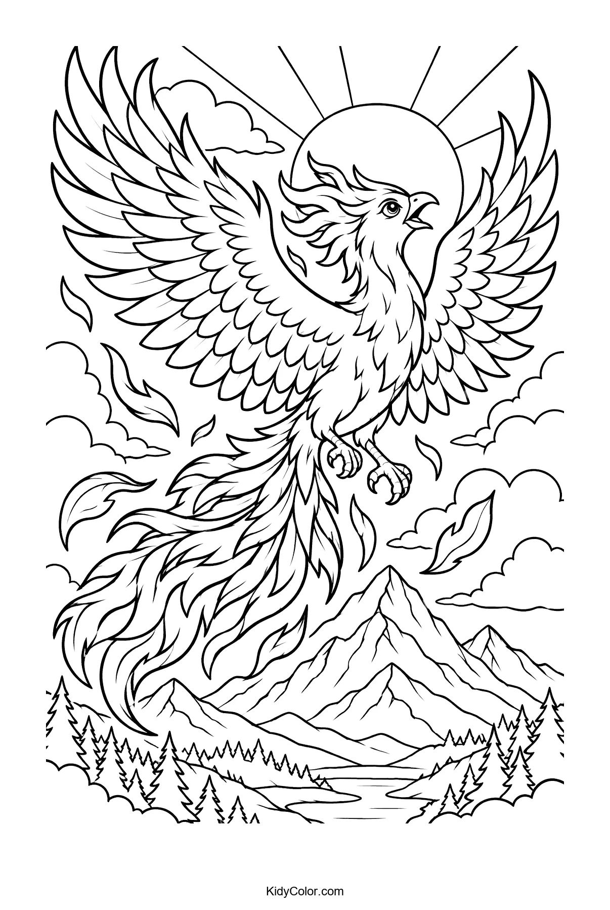 A phoenix with spread wings flying above mountains with the sun in the background.