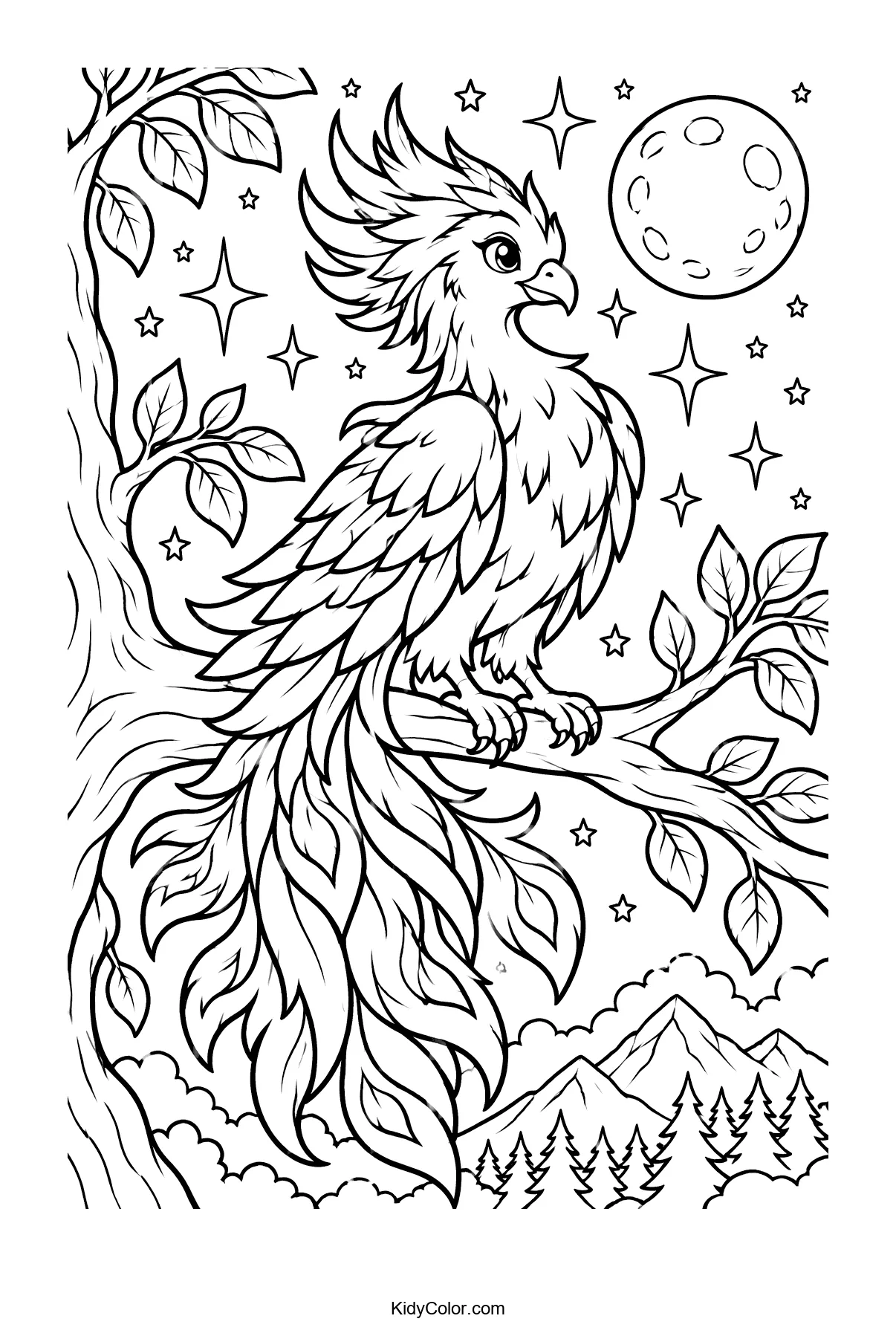 Phoenix sitting on a branch under moon and stars, with leaves.