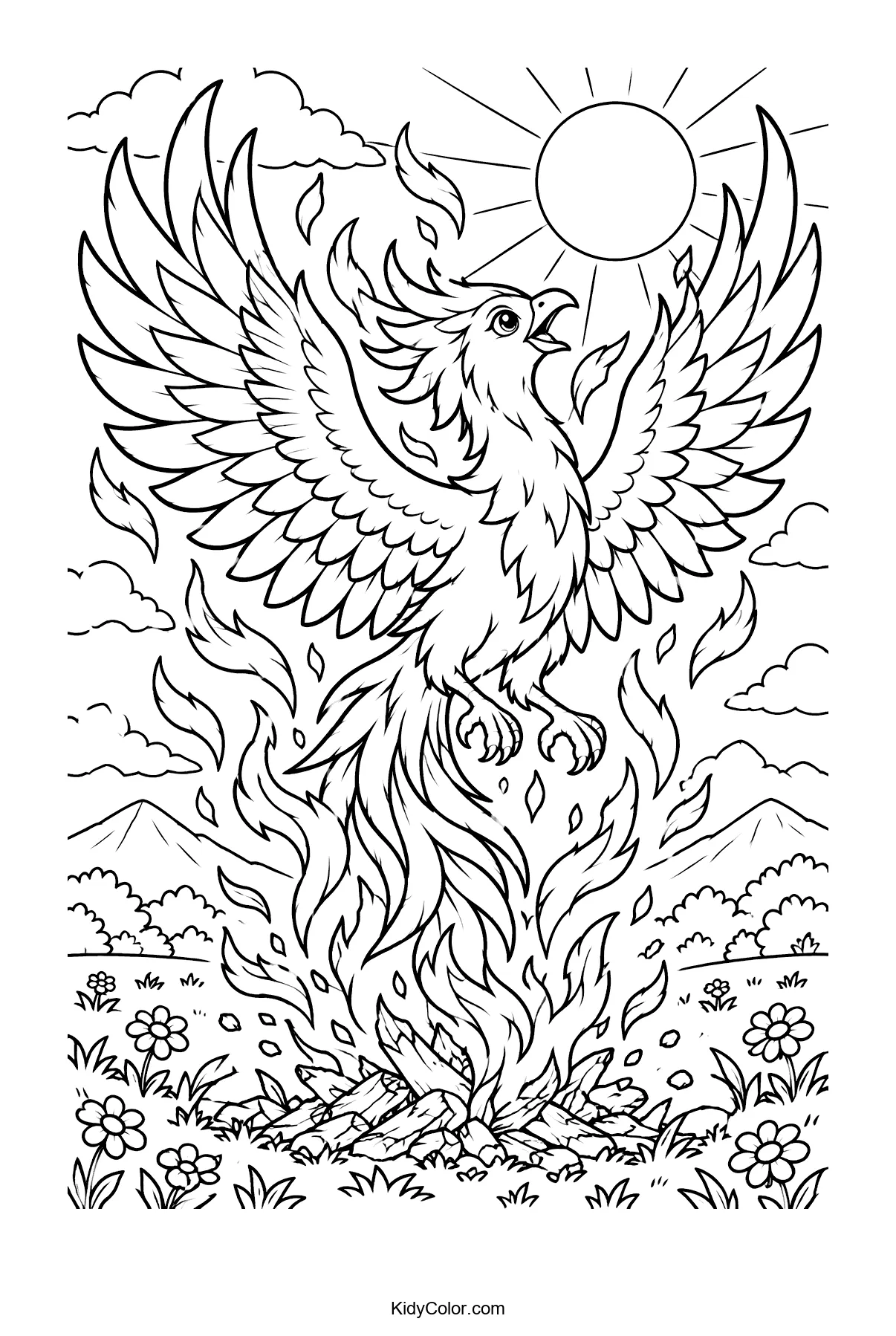 Phoenix rising from flames with open wings over a meadow.