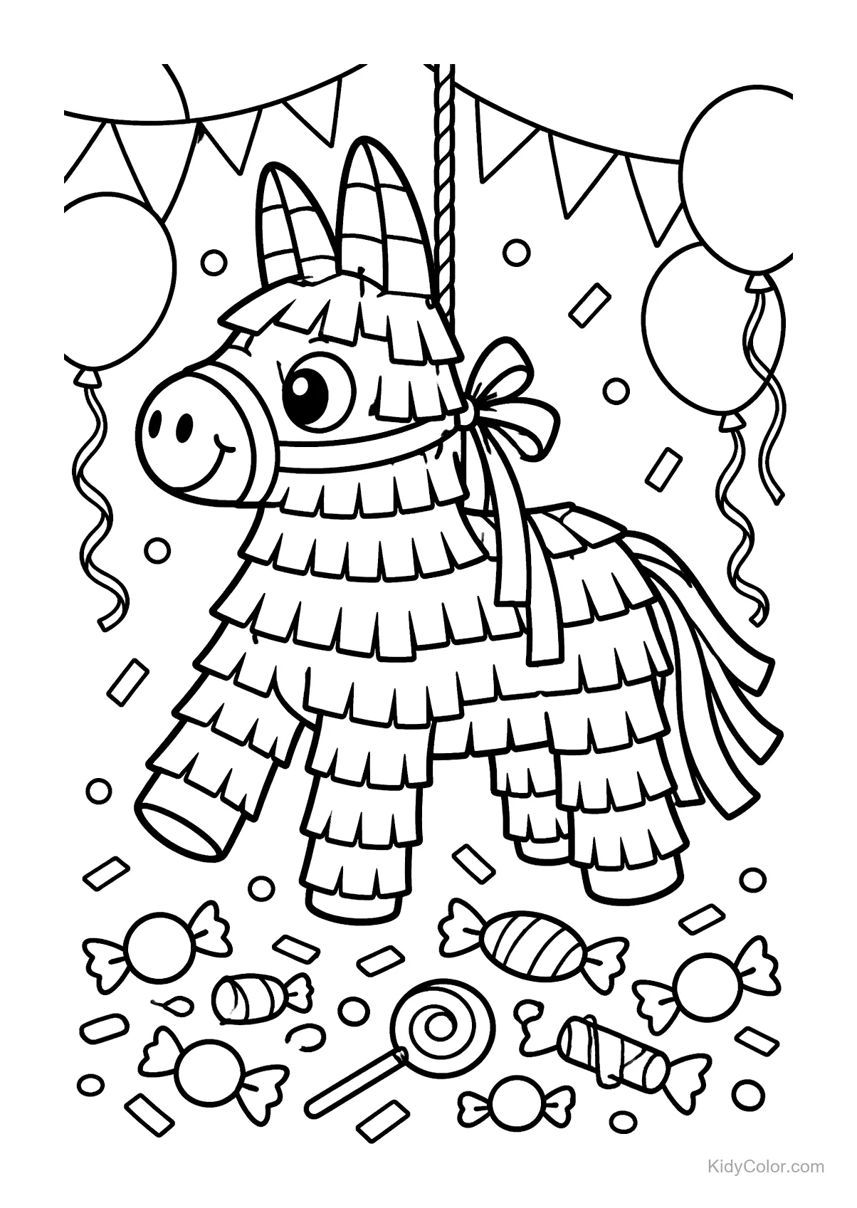 Piñata con globos y dulces lista para colorear.