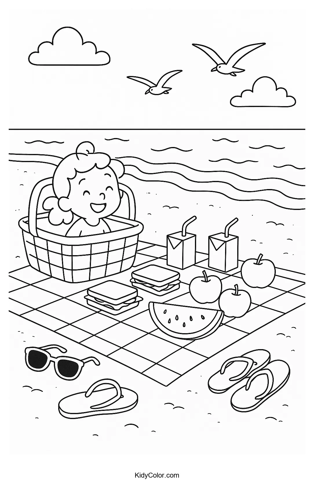 Picnic scene by the beach with picnic setup, toys, and ocean view.