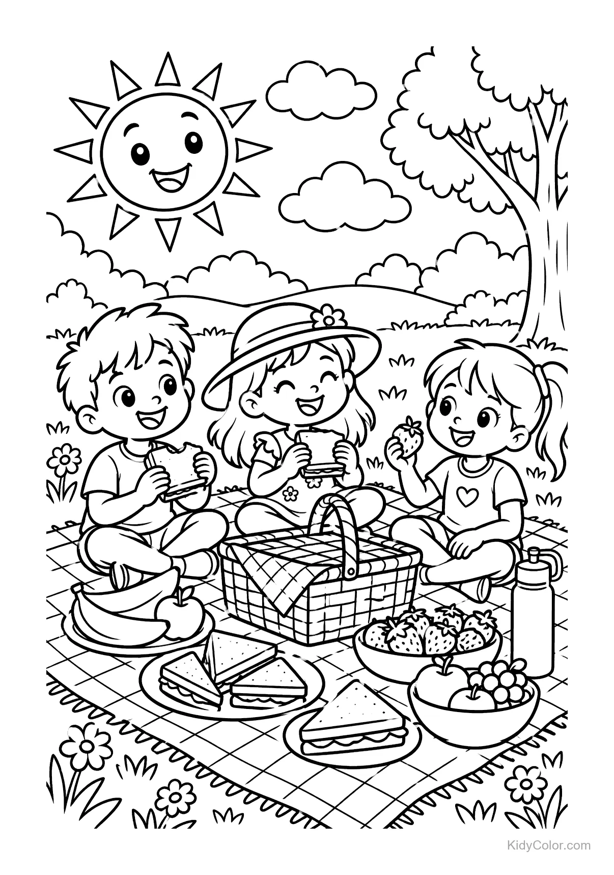 Children having a picnic in a sunny park with food and a smiling sun.