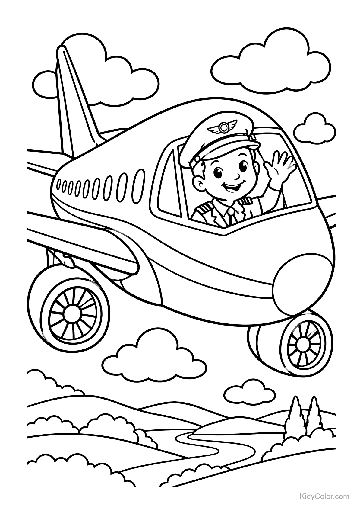 Pilot waving from an airplane flying above clouds and landscape.