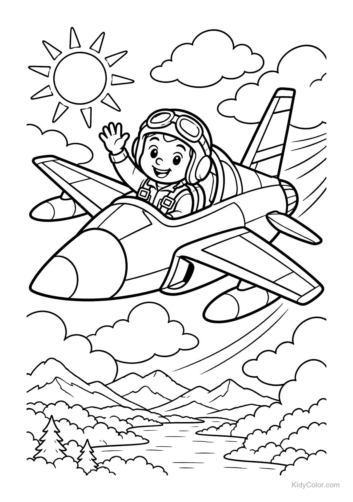 Pilot in an airplane waving while flying through clouds.