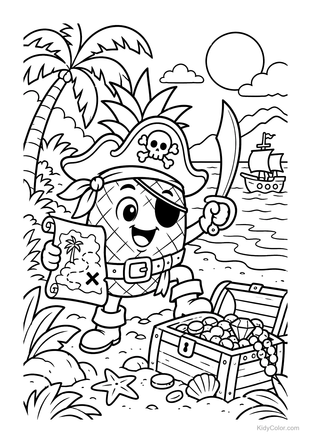 Pineapple dressed as a pirate with treasure chest on a beach.