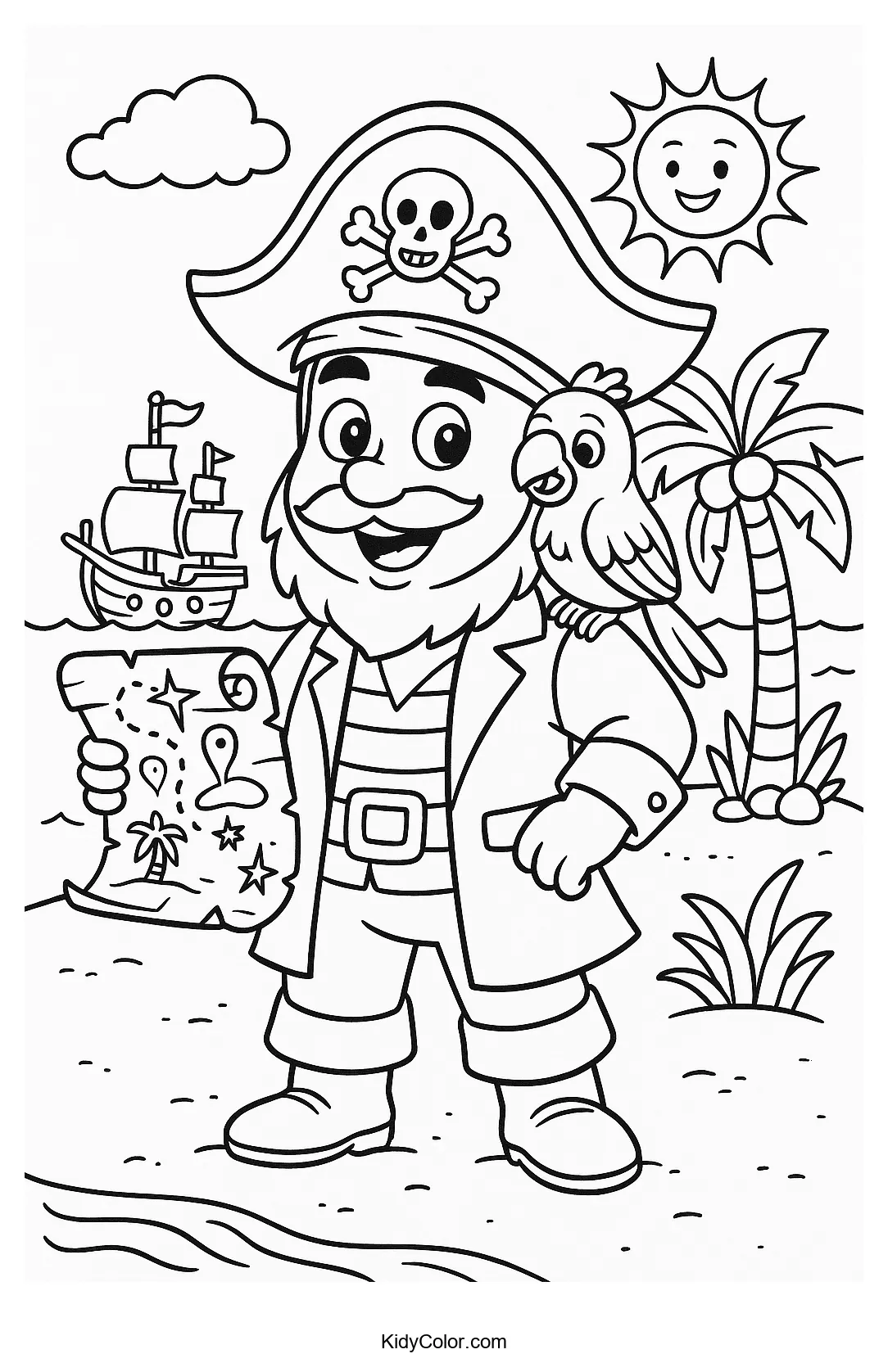 Pirate adventure on a tropical island coloring page