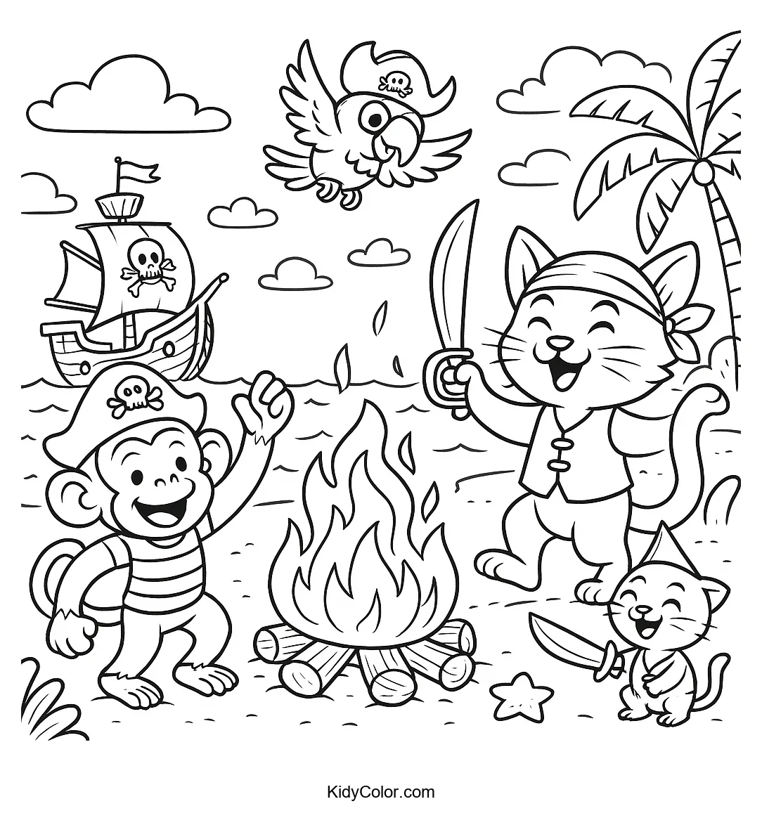 Pirate animals having a beach celebration