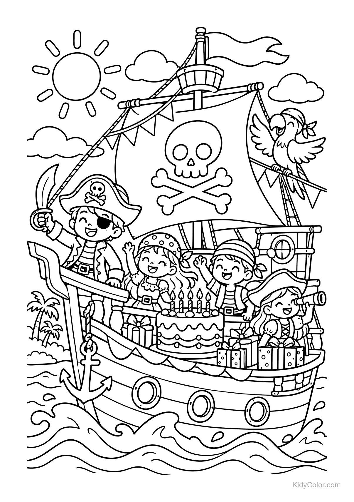 Pirate crew on a ship celebrating a birthday with a cake.