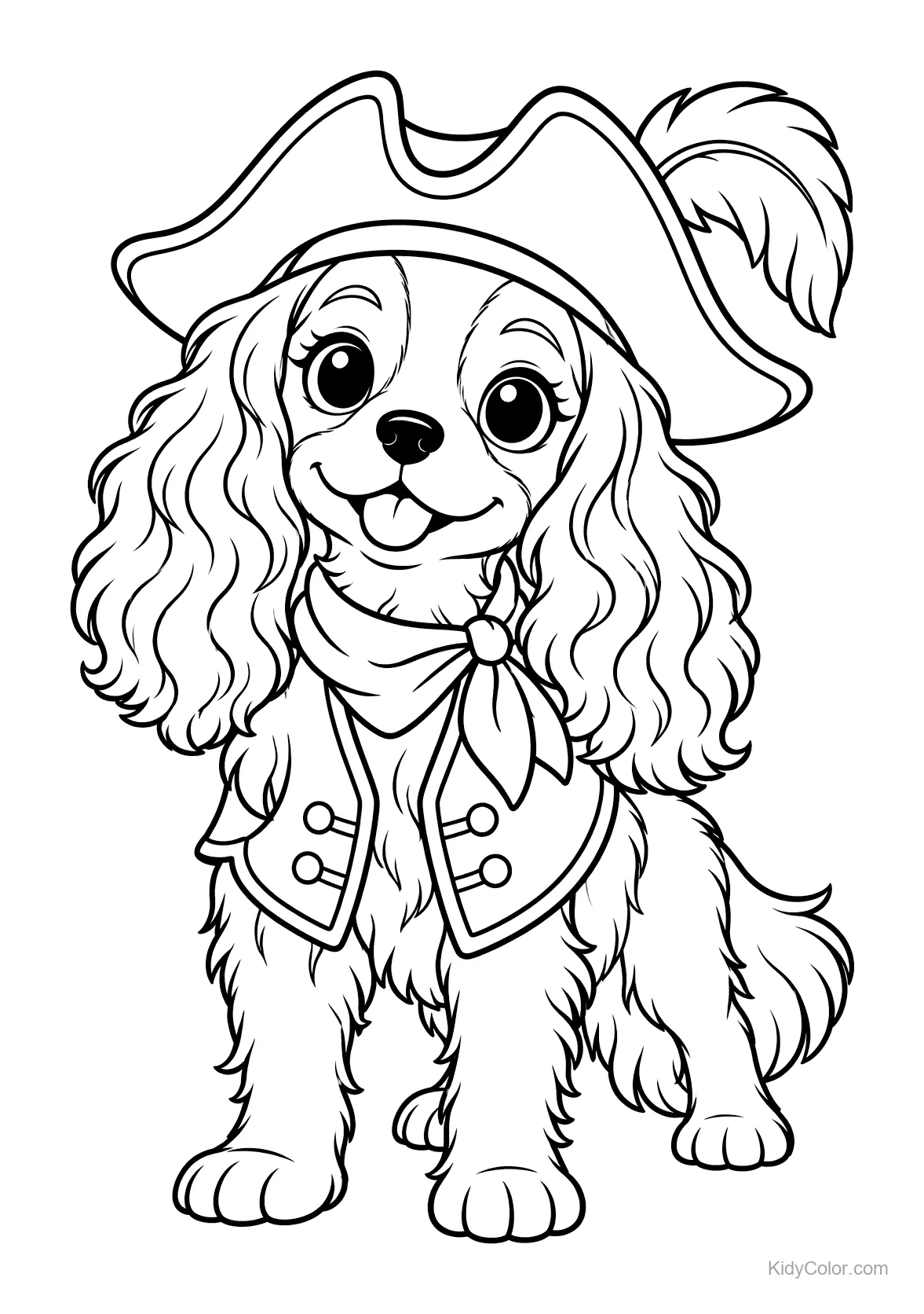 Cavalier King Charles Spaniel in piratenkostuum met hoed en sjaal.