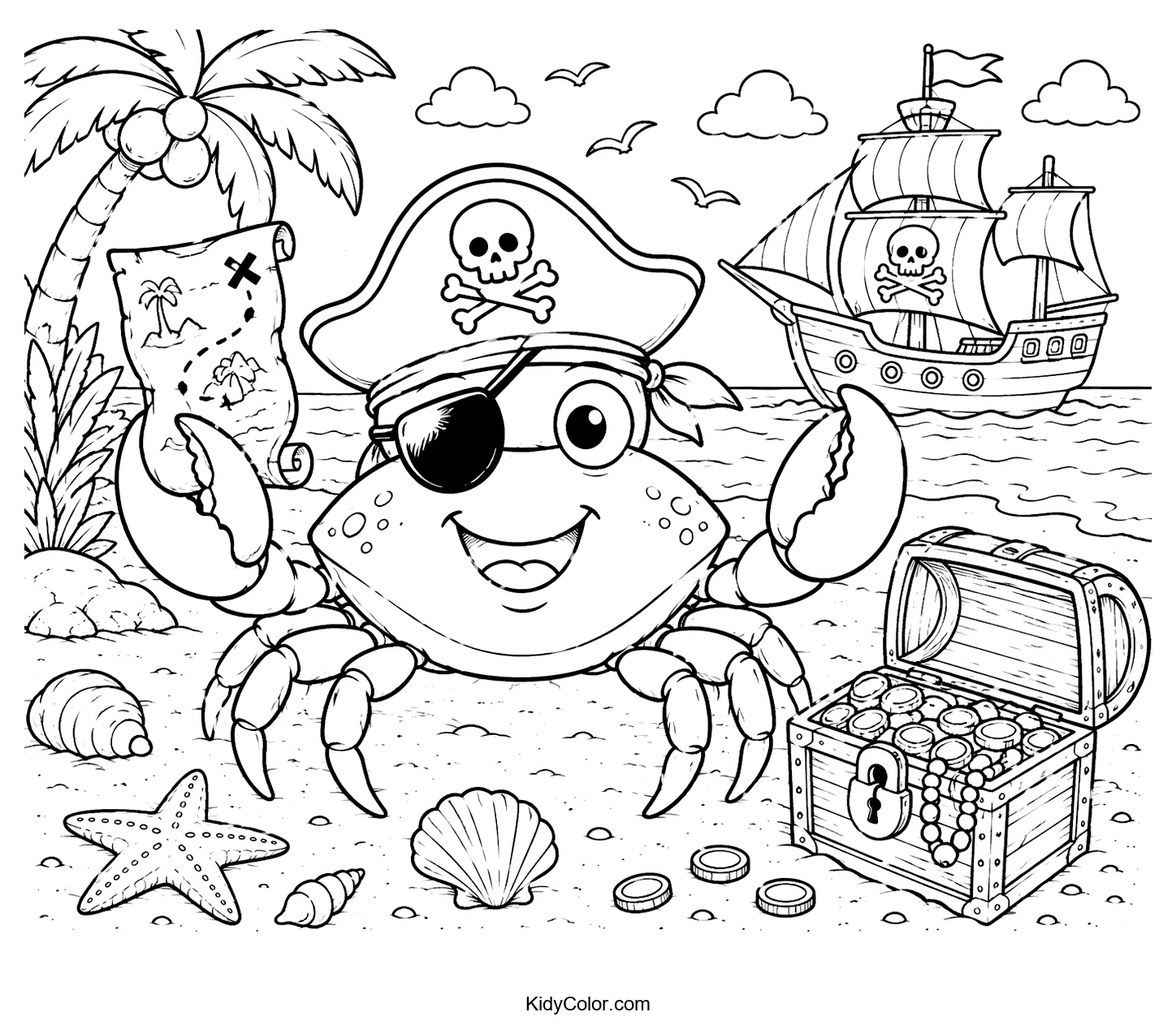 Cheerful pirate crab on beach with treasure map, chest, and ship.