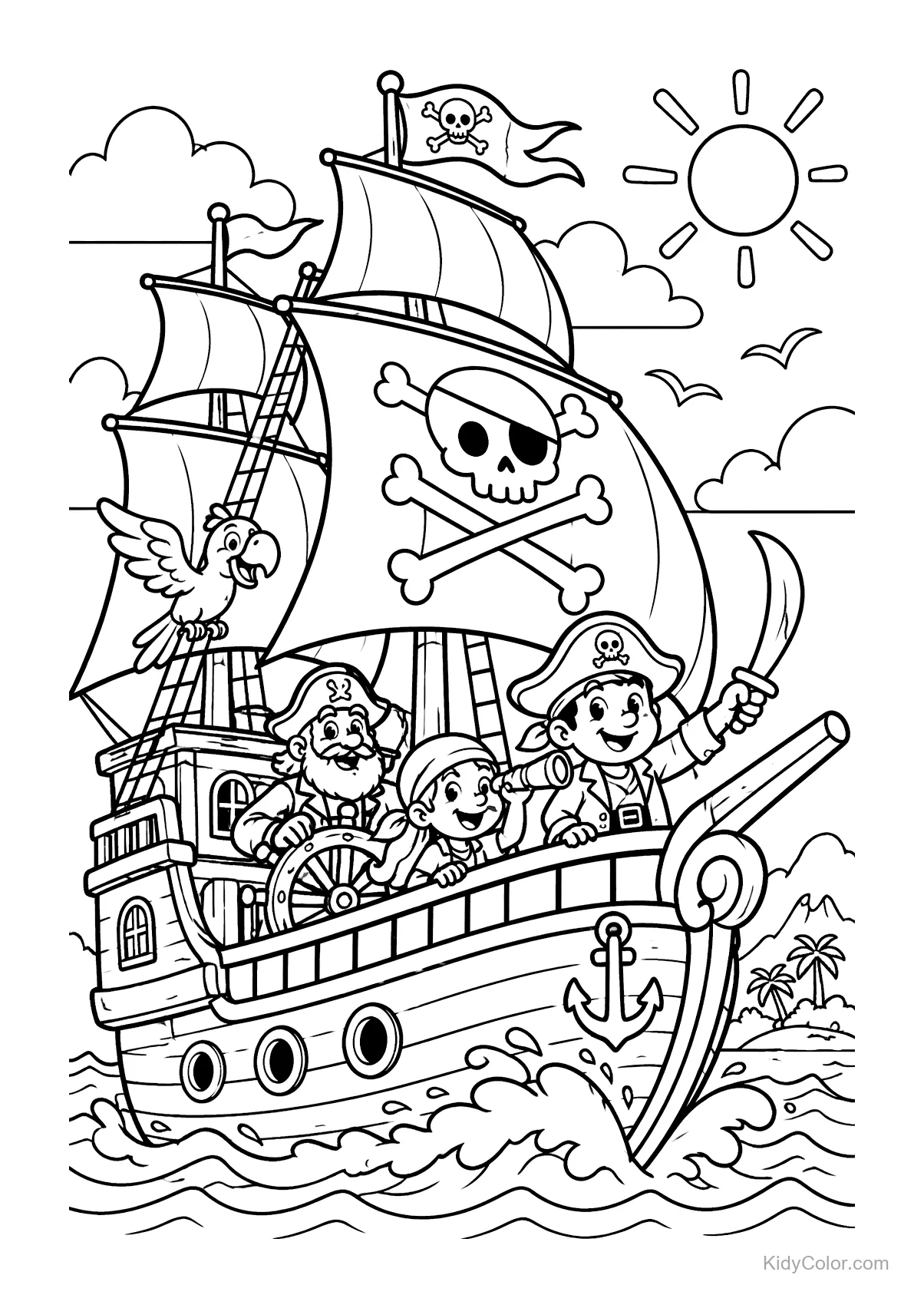 Pirate crew with a parrot sailing a ship under the sun.