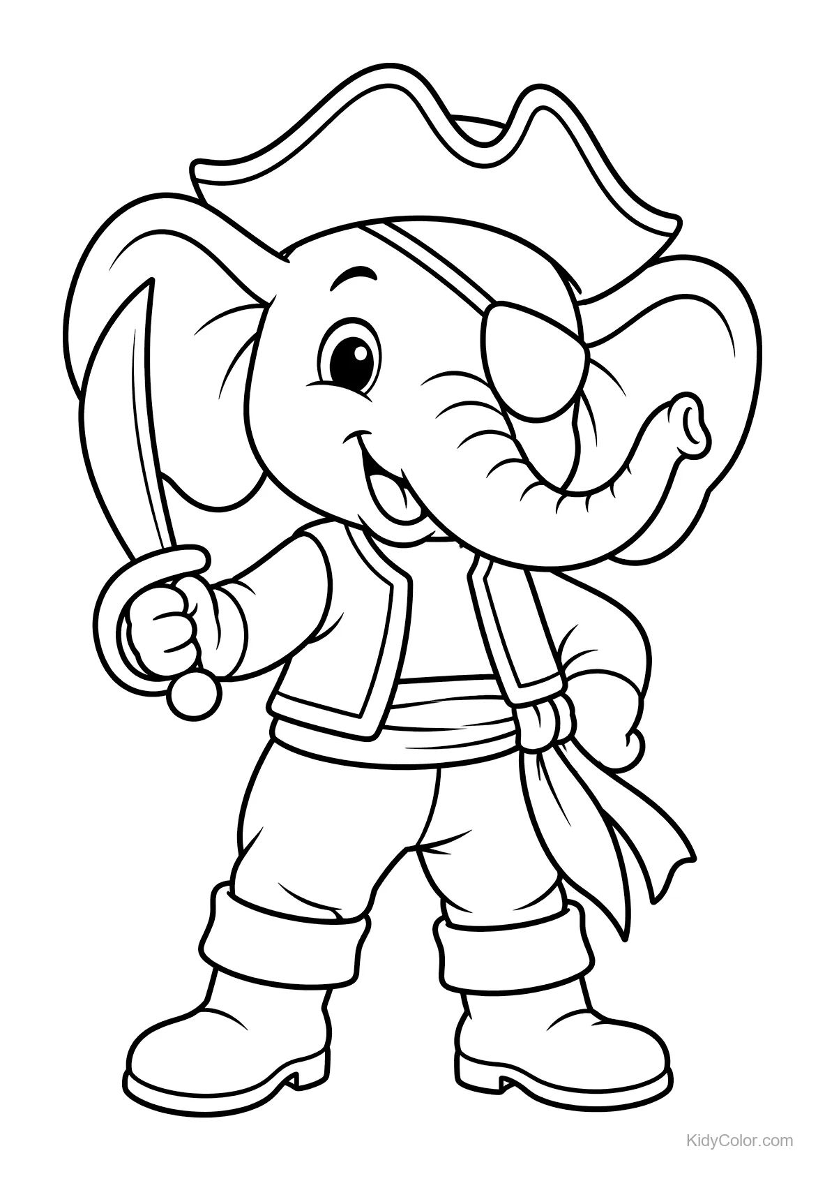Cute pirate elephant holding a sword, wearing a hat and eye patch.