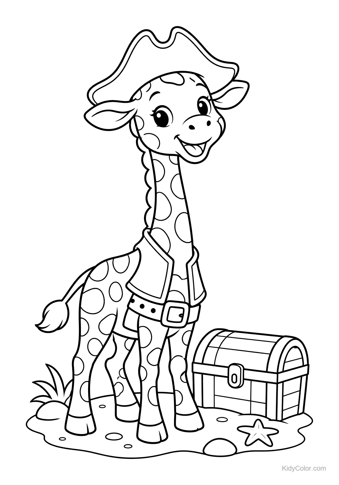 Giraffe dressed as a pirate with a treasure chest.