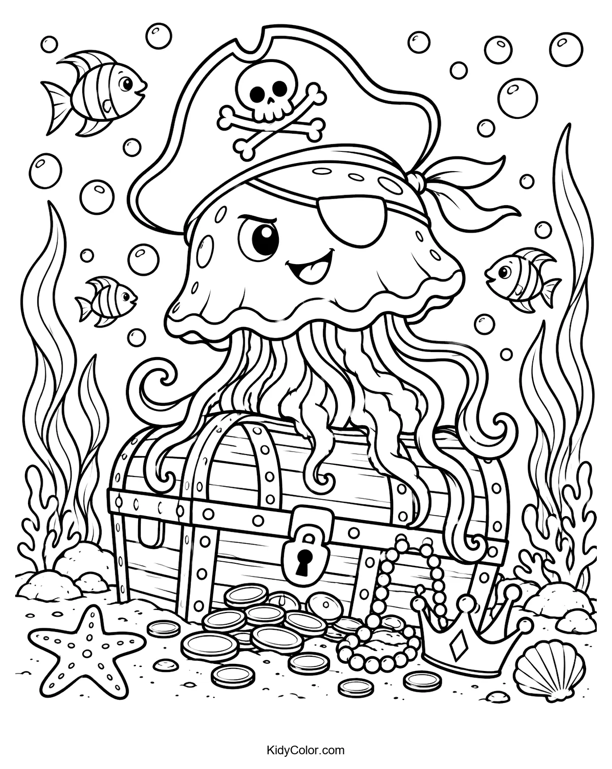 A cartoon pirate jellyfish with an eyepatch on a treasure chest, surrounded by fish and underwater elements.