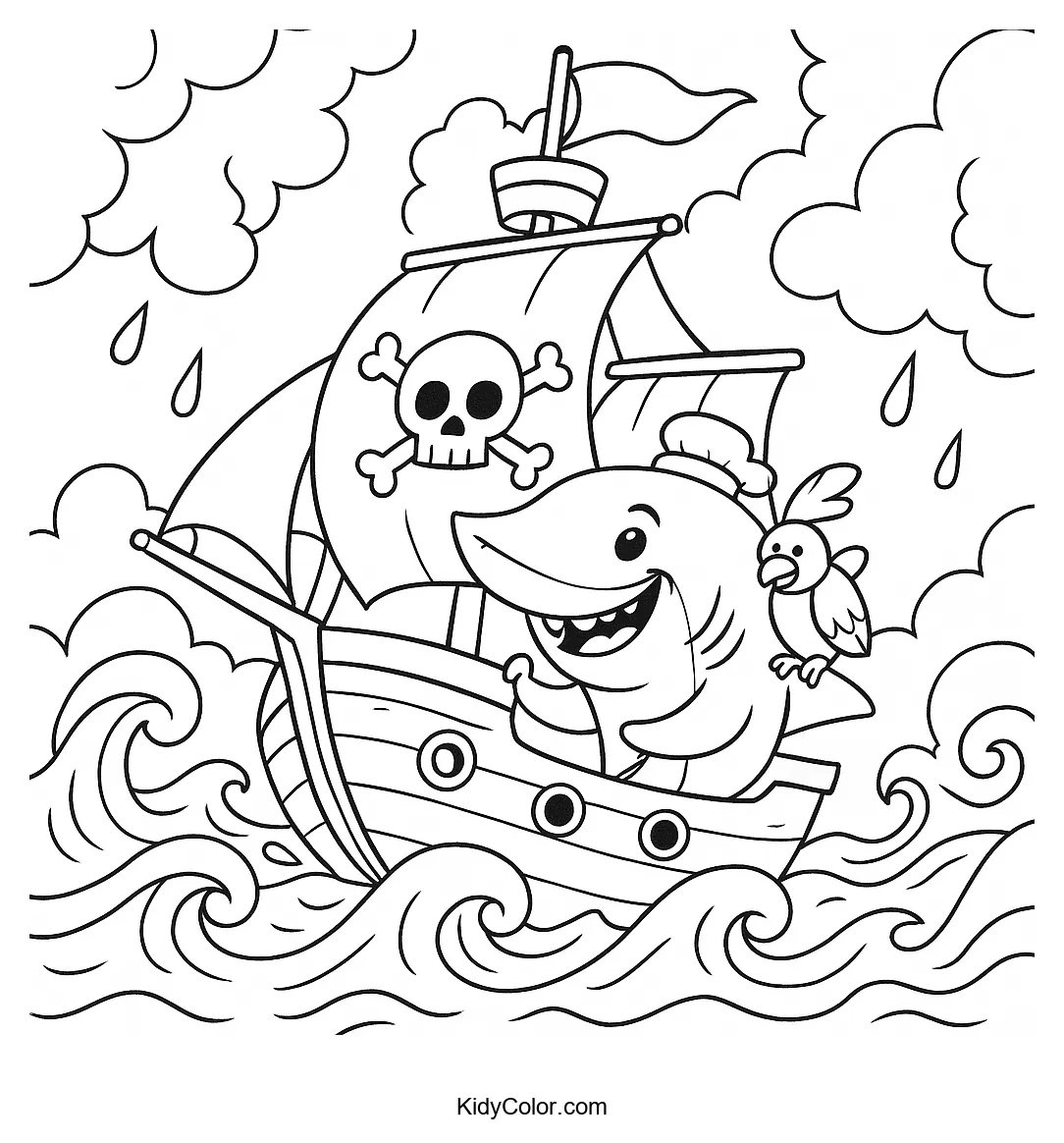 A pirate ship sails through stormy seas with waves and a flag.