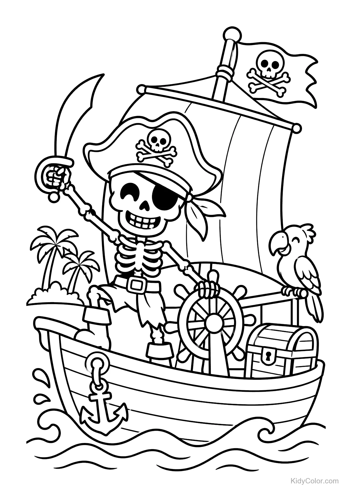 Esqueleto pirata al timón de un barco con loro y cofre.