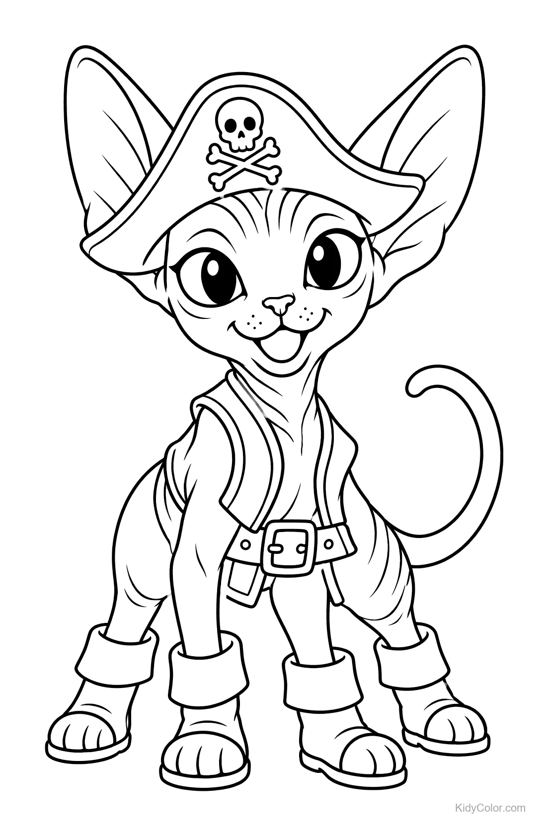 Sphynx kat verkleed als piraat met een hoed en vest.